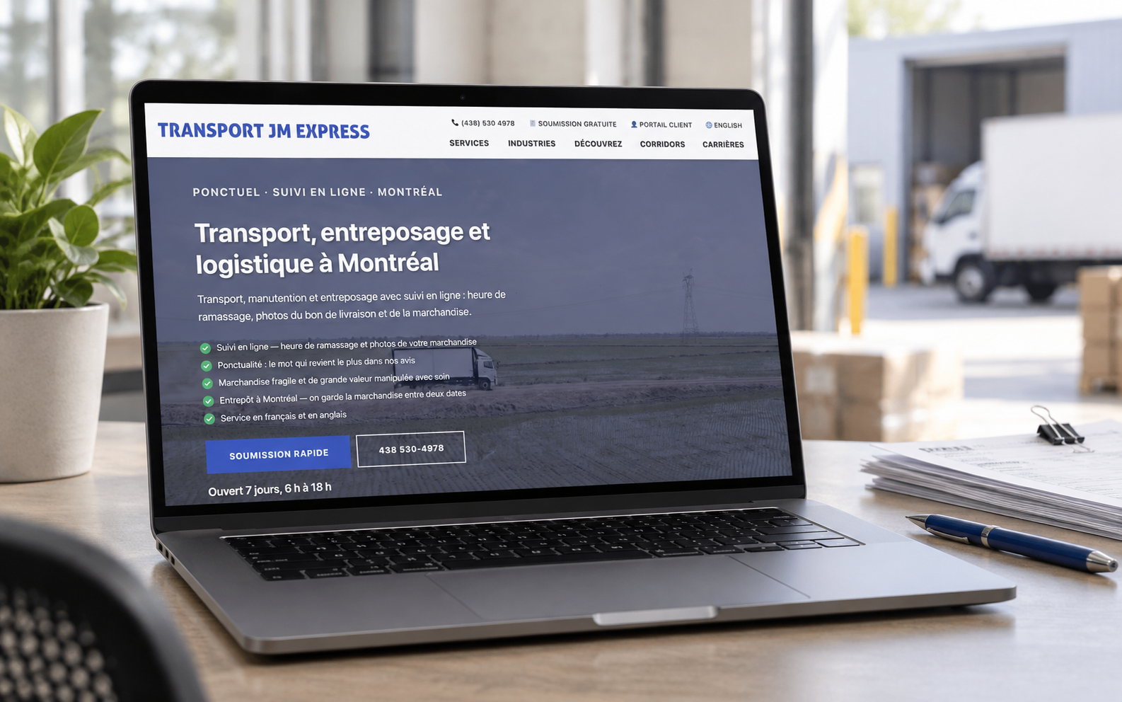 The Transport JM Express public website shown on a laptop