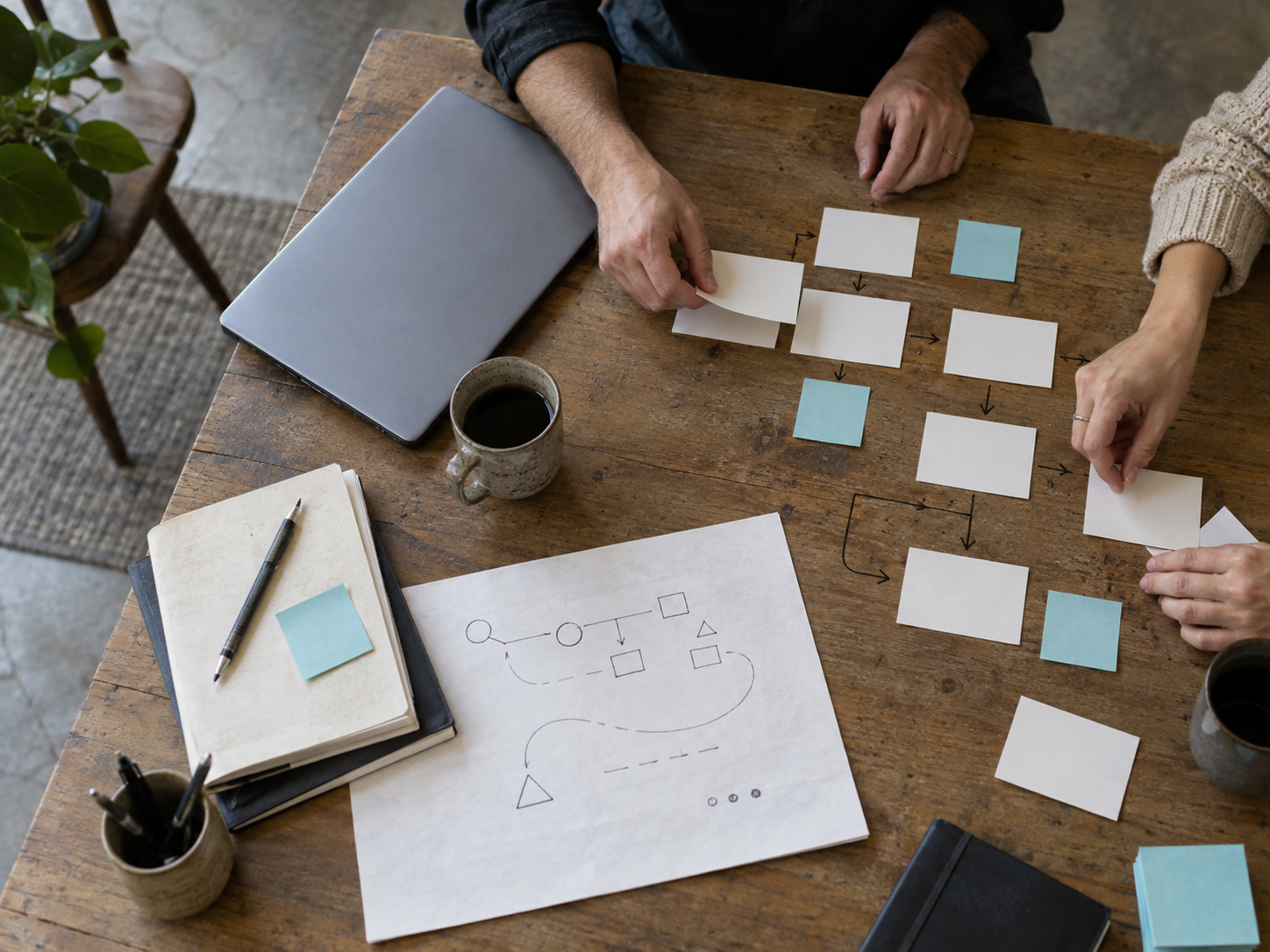 Équipe qui cartographie un flux de travail avec des cartes et des notes