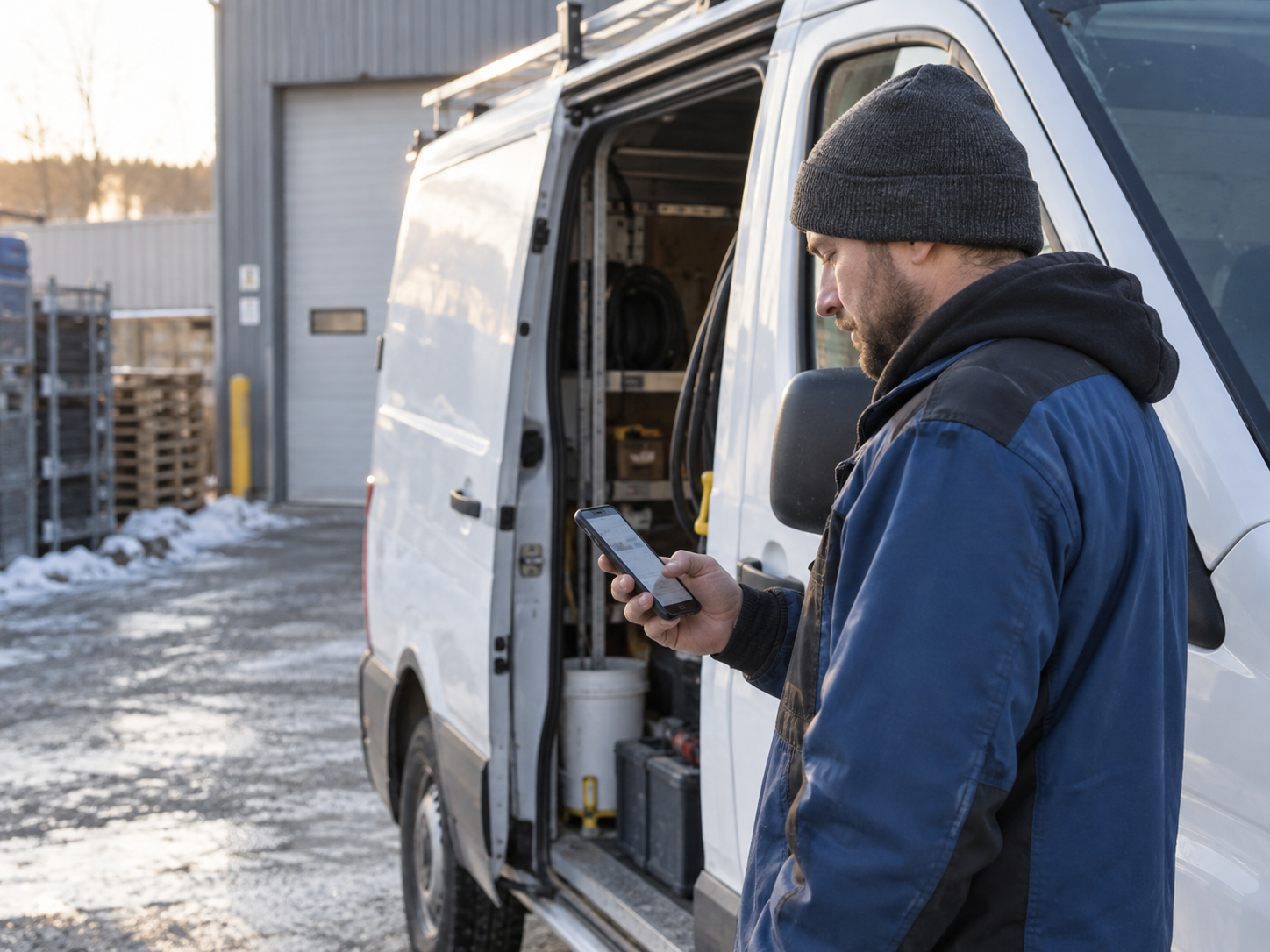 Travailleur terrain qui consulte son téléphone près d’une camionnette