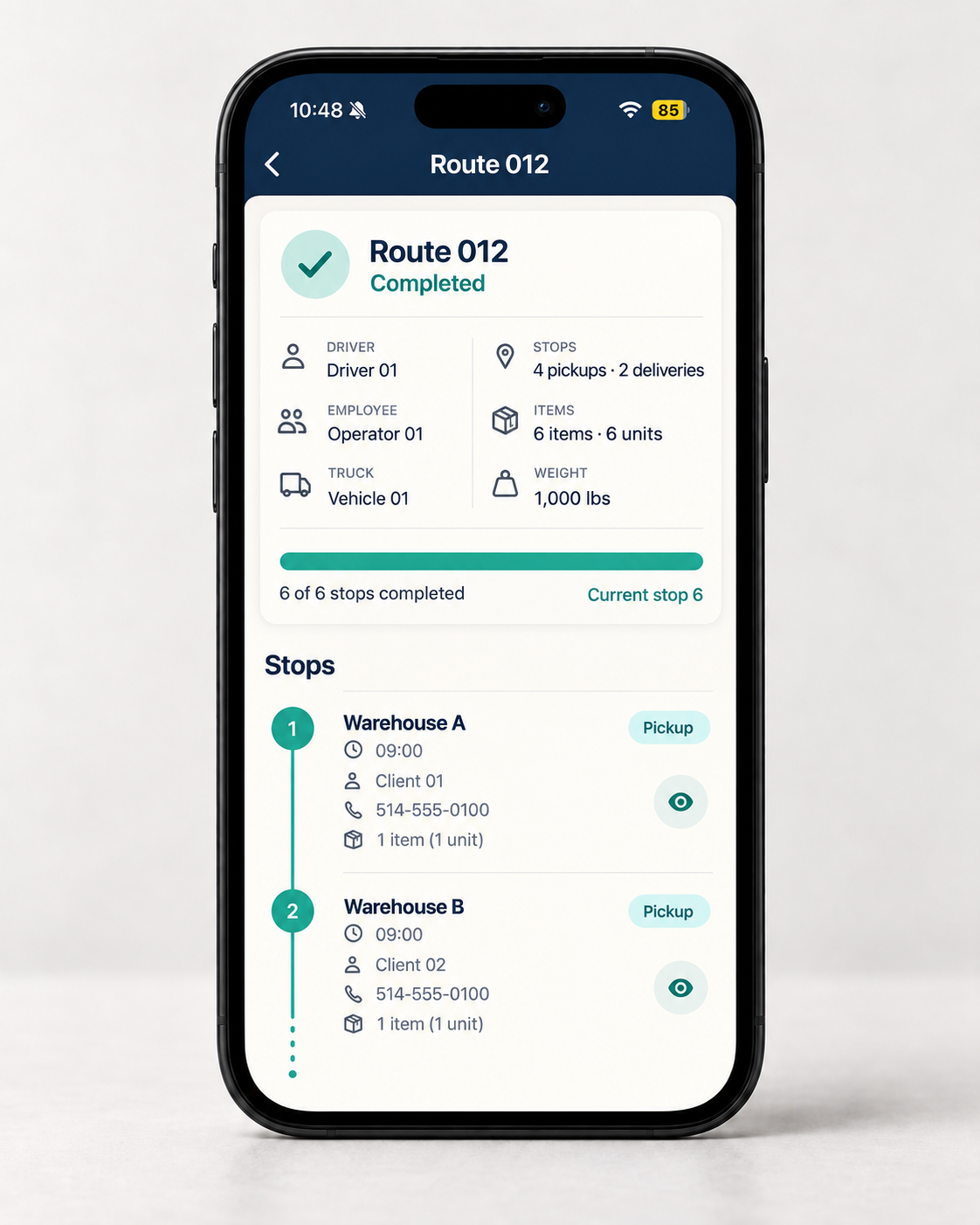 Driver app showing route progress and pickup stops on an iPhone