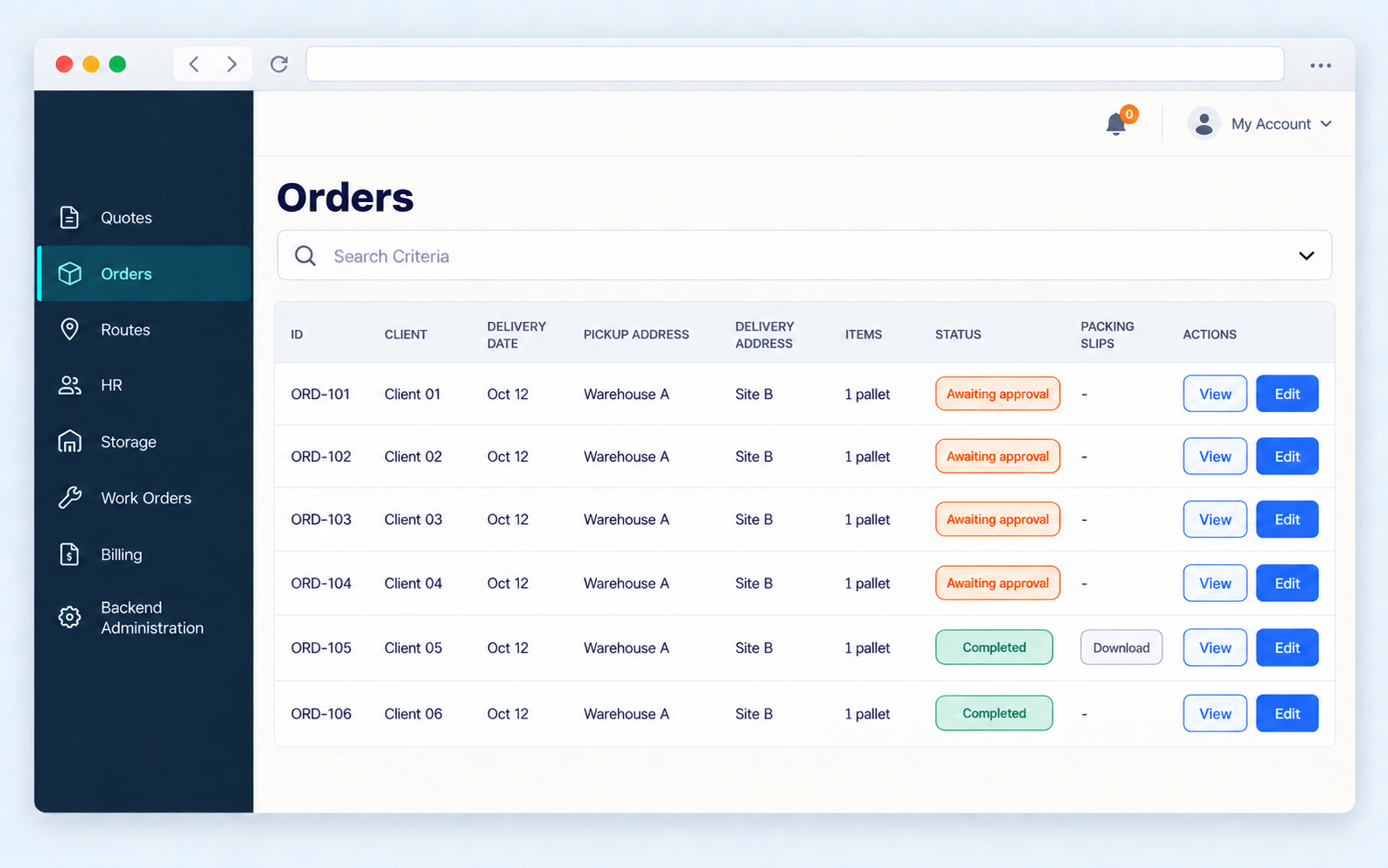 Order portal with shipment statuses and packing slips